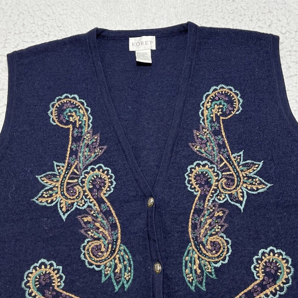 Vintage Koret Women's Large Pure Wool Cardigan Sweater Vest Embroidery V-Neck - Picture 2 of 10